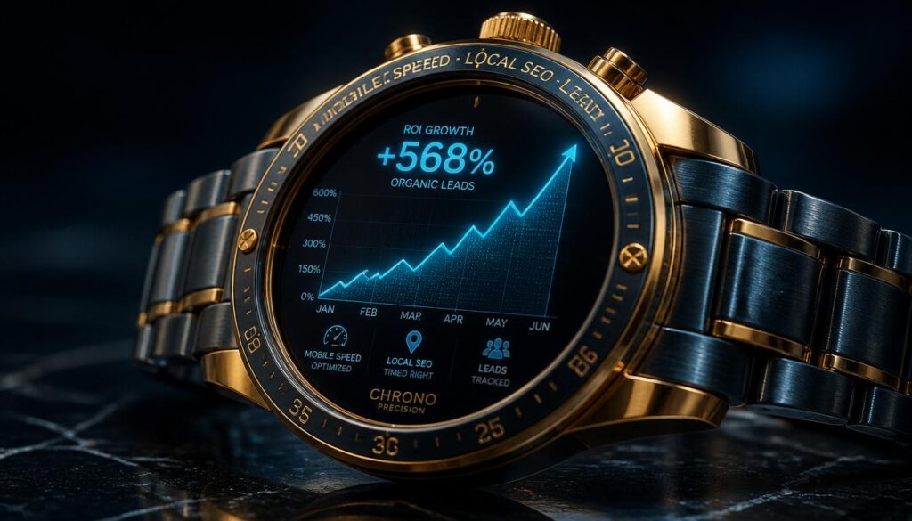 A premium mechanical chronometer projecting a cyan digital ROI graph, representing page speed and organic lead tracking for cosmetic surgery clinics.