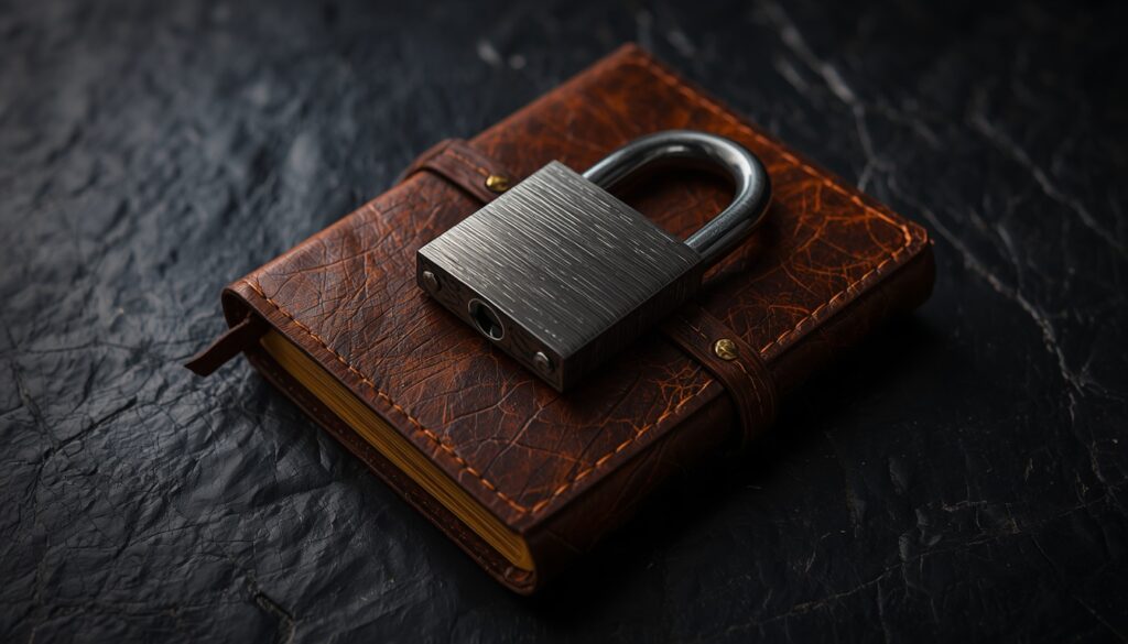 A heavy steel padlock securing a leather journal, visualizing robust cybersecurity and data privacy for auto insurance customers.