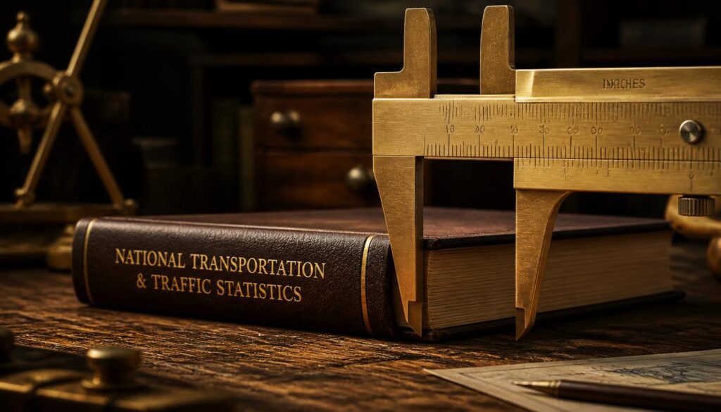 A brass caliper precisely measuring an authoritative book of transportation statistics, representing highly linkable data content.