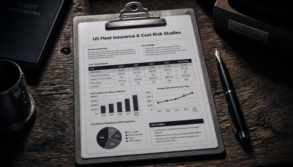 A heavy aluminum clipboard containing a printed fleet insurance cost and risk study, representing authoritative data-driven content marketing.