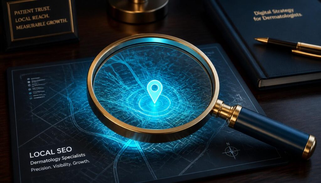 A sleek magnifying glass illuminating a local map with a cyan glow, representing geographic targeting and local SEO for dermatologists.