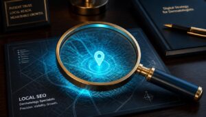 A sleek magnifying glass illuminating a local map with a cyan glow, representing geographic targeting and local SEO for dermatologists.