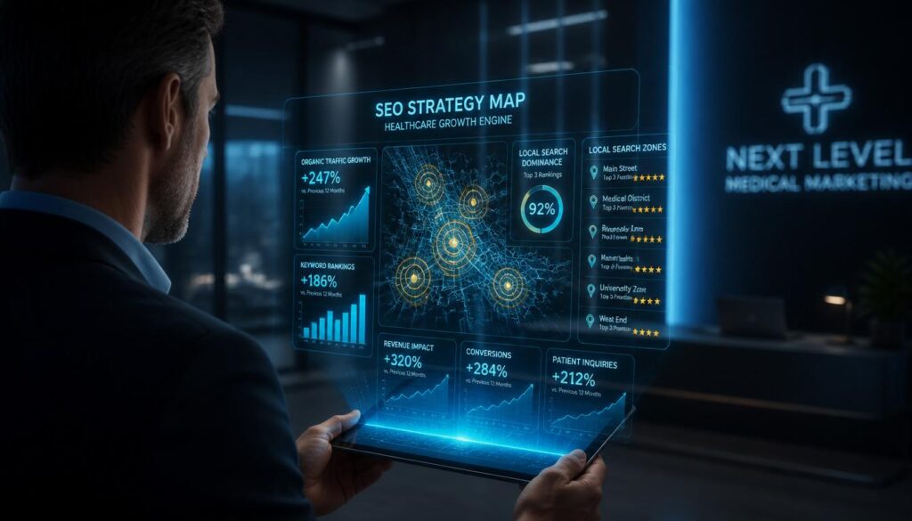 An over-the-shoulder view of a professional interacting with a holographic SEO strategy map in cyan and gold, representing expert digital marketing for dermatologists.