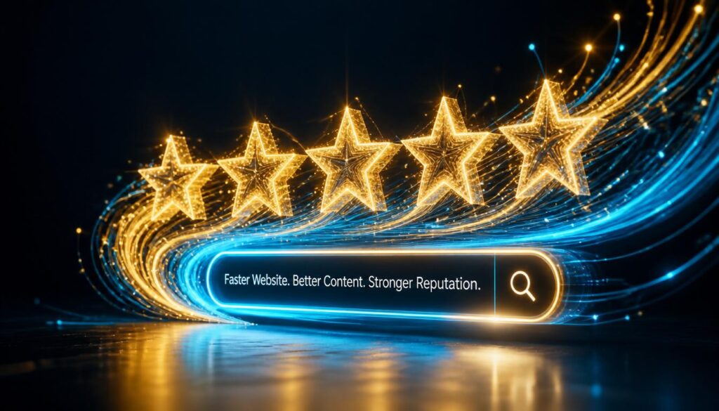 Abstract fiber-optic light trails forming five gold stars and a search bar, visualizing reputation management and fast website performance.