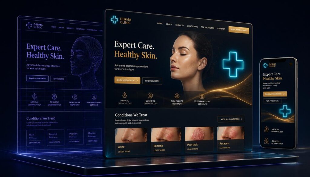 A glowing architectural blueprint transforming into a premium mobile website, representing responsive web design and trust-building for dermatologists.