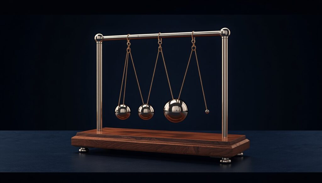 A brushed steel Newton's cradle in mid-swing on a desk, representing steady momentum and diversified traffic sources for insurance companies.