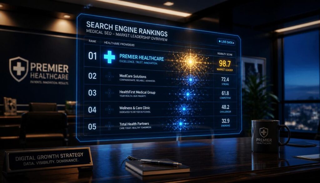 A holographic search engine ranking board with a glowing cyan medical cross at the number one spot, symbolizing doctors dominating competitive healthcare markets on Google.