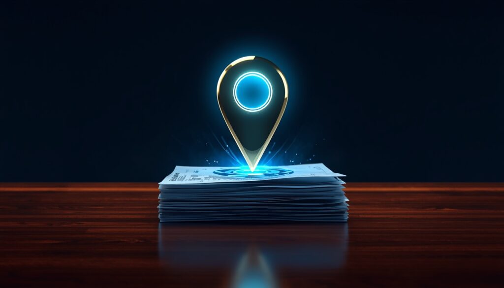 A glowing cyan and gold local map pin standing on top of advertising invoices, representing organic local SEO growth for doctors without paying for ads.