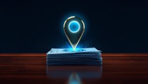 A glowing cyan and gold local map pin standing on top of advertising invoices, representing organic local SEO growth for doctors without paying for ads.