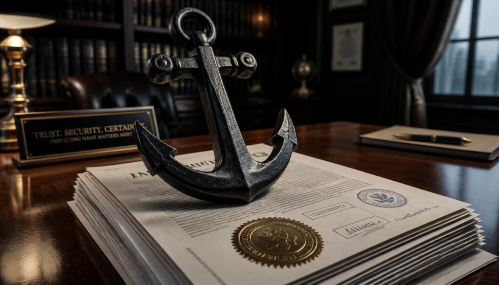 A forged steel anchor securing verified legal documents with embossed seals, representing E-E-A-T signals and consumer trust.