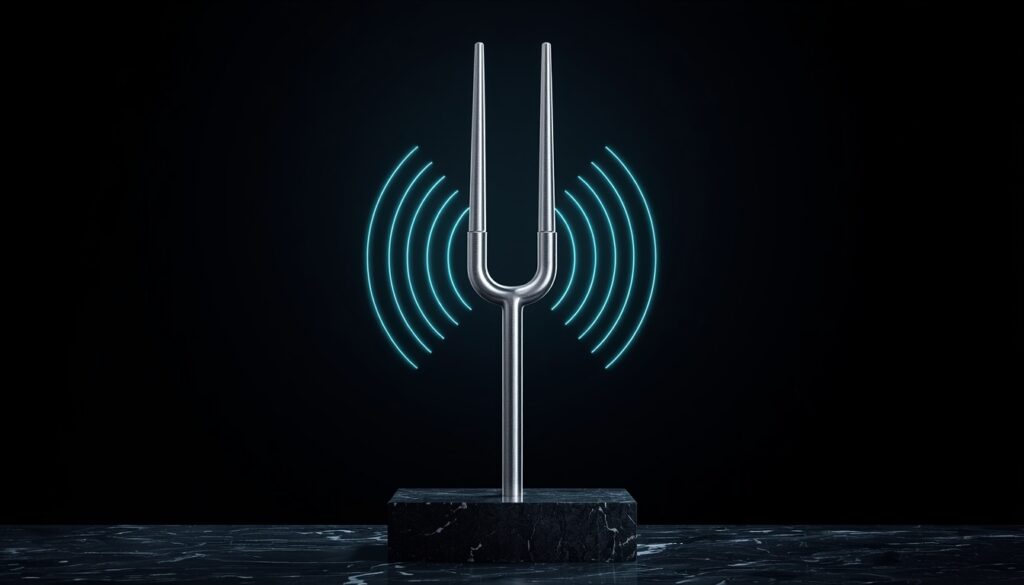 A brushed-aluminum tuning fork emitting glowing sound waves, symbolizing harmonized SEO strength and expanding visibility from content clusters.