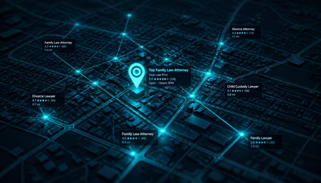Glowing data nodes on a city map representing local SEO strategies for family law firms.