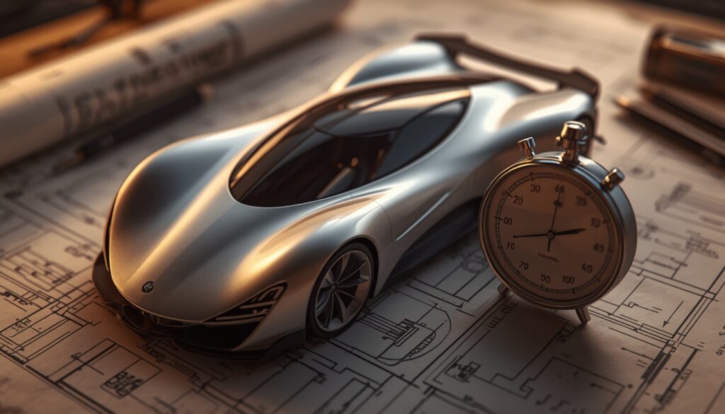 An aerodynamic car model and a stopwatch on a drafting table, representing fast, frictionless auto insurance quote forms.