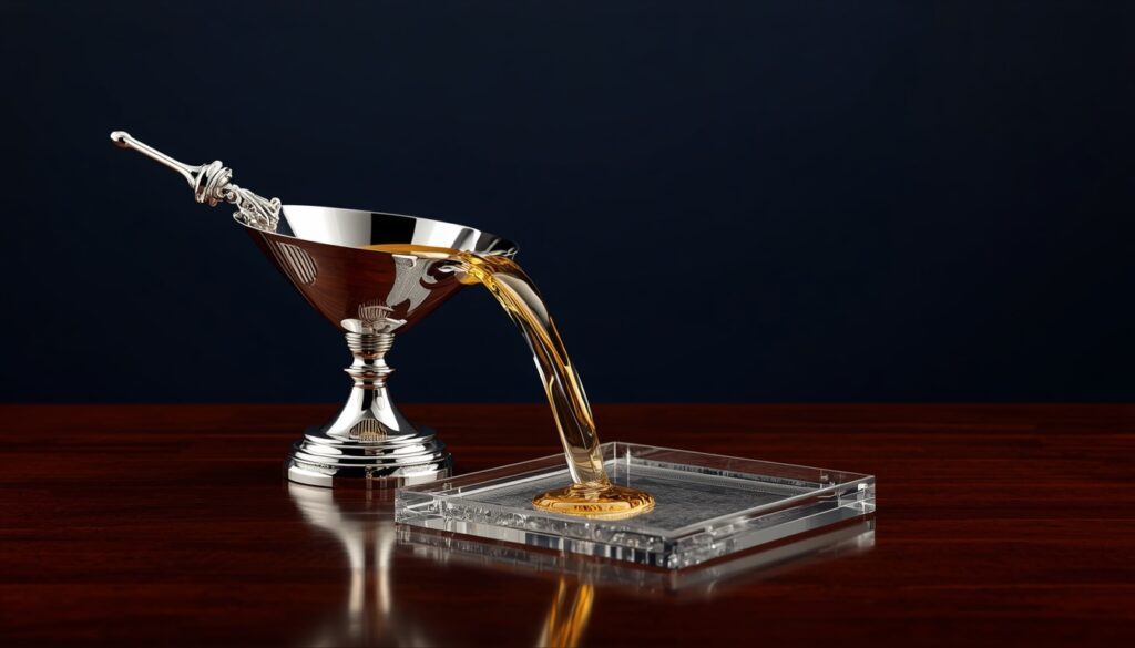 A smooth silver funnel guiding liquid gold into a crystal ledger, symbolizing frictionless forms capturing high-value insurance leads.