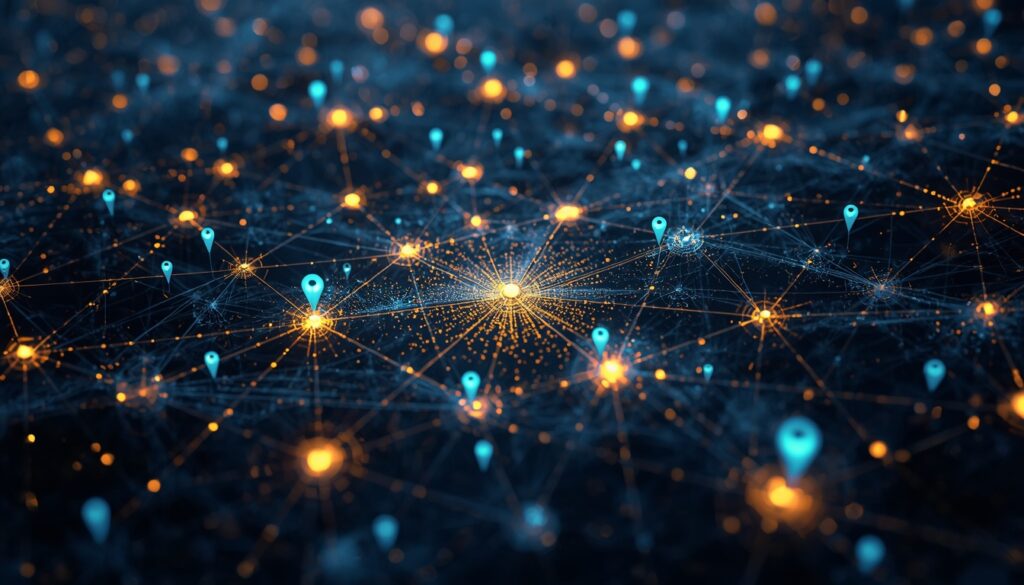 A glowing gold and slate-blue AI neural network visualizing the future of conversational search and AI in medical SEO.