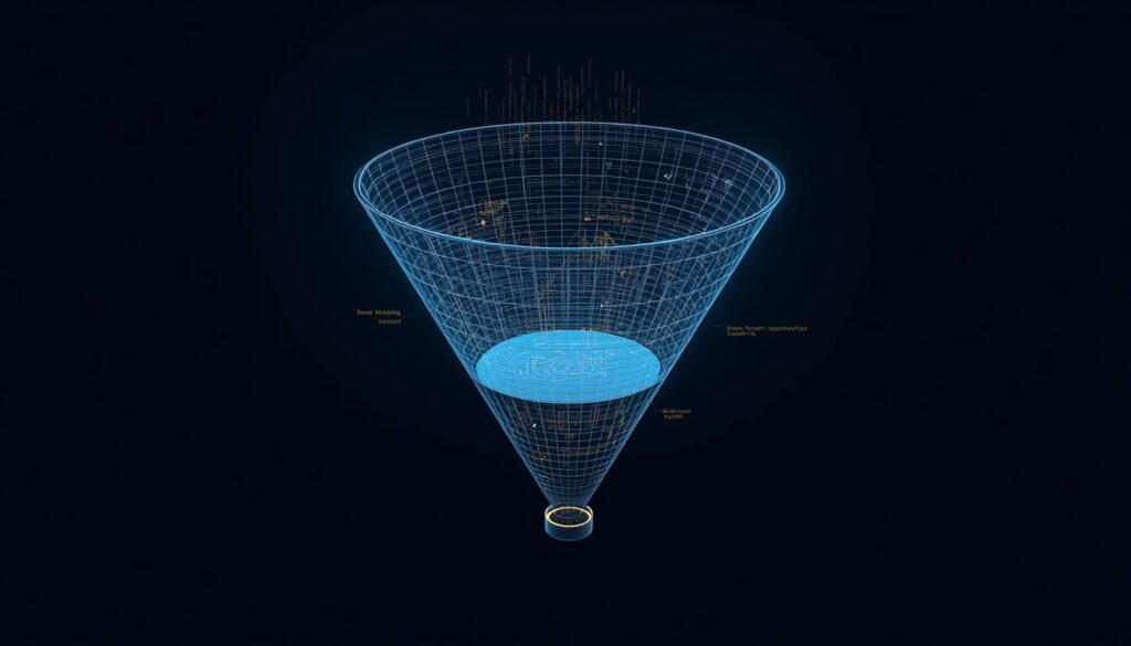 A holographic blueprint of a patient acquisition funnel glowing in cyan and gold, visualizing the complete marketing system for gastroenterologists.