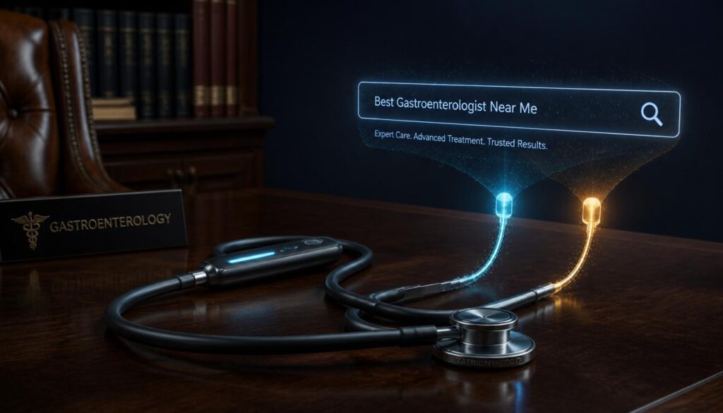 A digital stethoscope connecting to a glowing search bar, symbolizing SEO and digital marketing for gastroenterology practices.