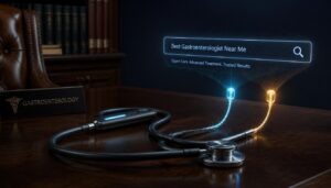 A digital stethoscope connecting to a glowing search bar, symbolizing SEO and digital marketing for gastroenterology practices.