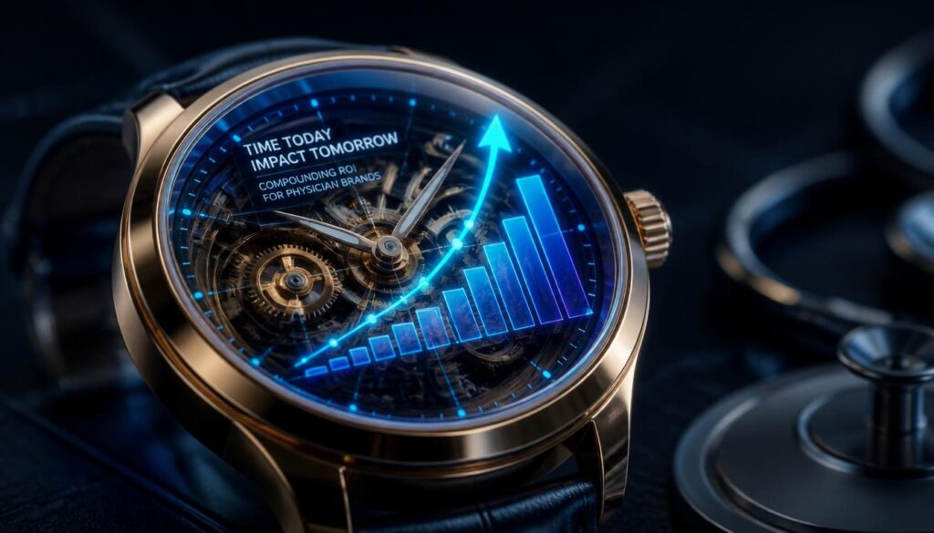 A mechanical chronometer projecting a glowing cyan and gold ROI graph, representing the time investment and compounding return of medical content marketing.