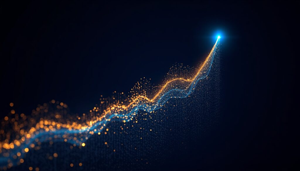 Abstract fiber-optic light trails forming an upward-trending cyan and gold analytics graph, visualizing local SEO traffic and patient appointment growth for healthcare practices.