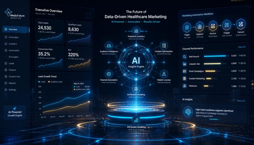 A futuristic digital dashboard showing marketing analytics and automation workflows in cyan and gold, representing data-driven digital marketing for doctors.