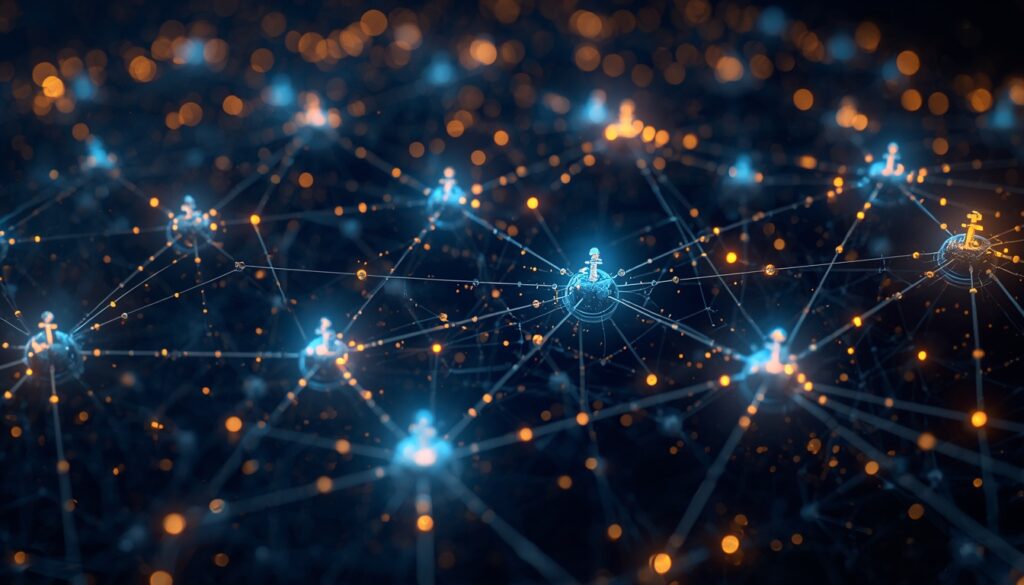 A glowing AI neural network showing video, social media, and analytics nodes in cyan and gold, representing multi-channel dominance for doctors.