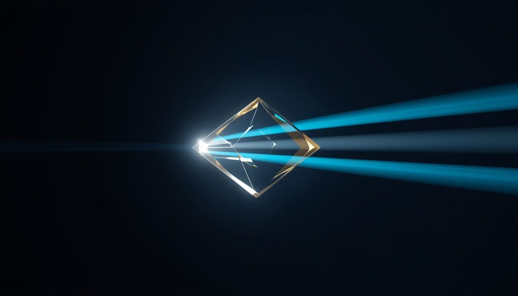 A digital prism refracting light into gold and cyan beams, visualizing the organized distribution of website traffic through Google Ads and SEO.