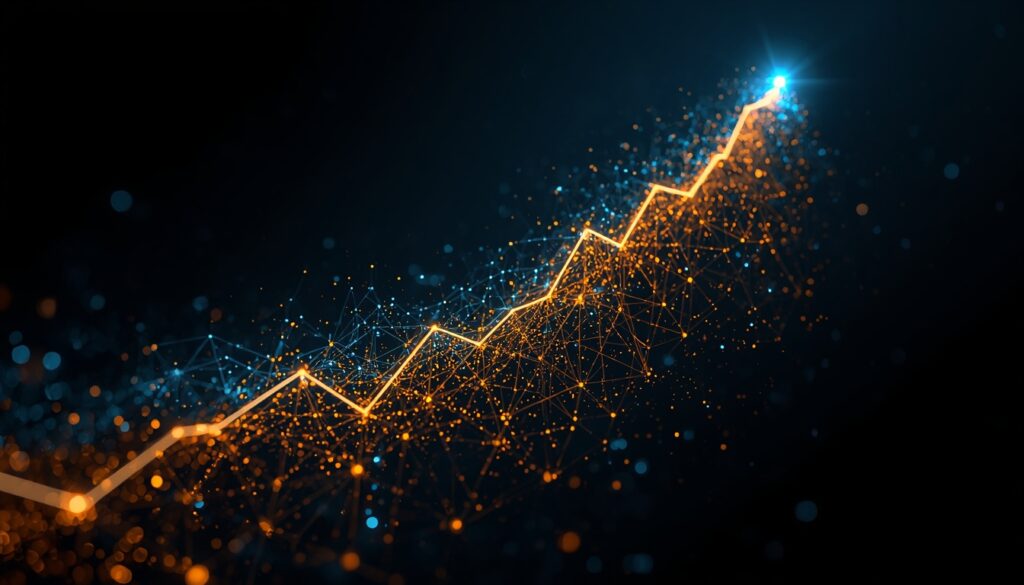 Abstract fiber-optic light trails forming an upward-trending cyan and gold analytics graph, visualizing SEO performance tracking and growth for multi-location practices.