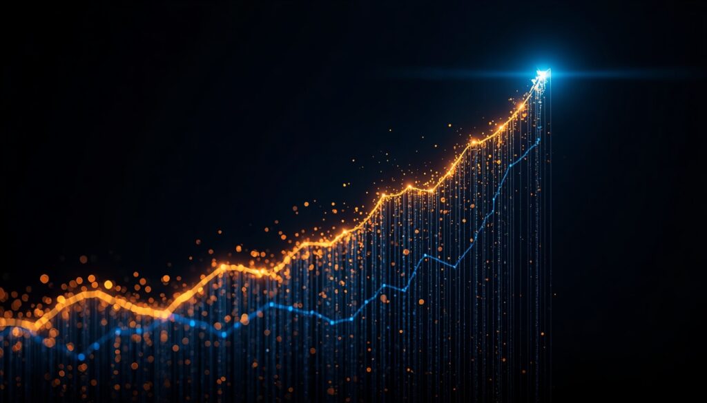 Abstract fiber-optic light trails forming an upward-trending cyan and gold analytics graph, visualizing SEO content marketing and patient lead growth for healthcare websites.