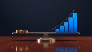 A glowing metallic scale balancing gold coins and an upward trending cyan graph, representing the balance of Google Ads and long-term healthcare SEO.