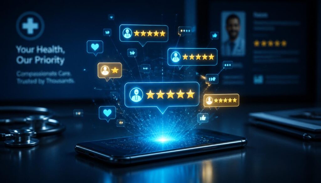A smartphone projecting glowing cyan and gold five-star reviews and social media icons, symbolizing medical reputation management.