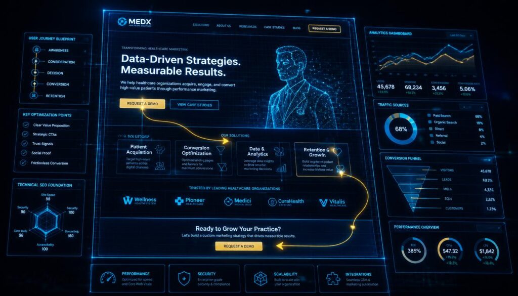 A holographic architectural blueprint of a website layout in cyan and gold, visualizing technical design and patient conversion optimization.