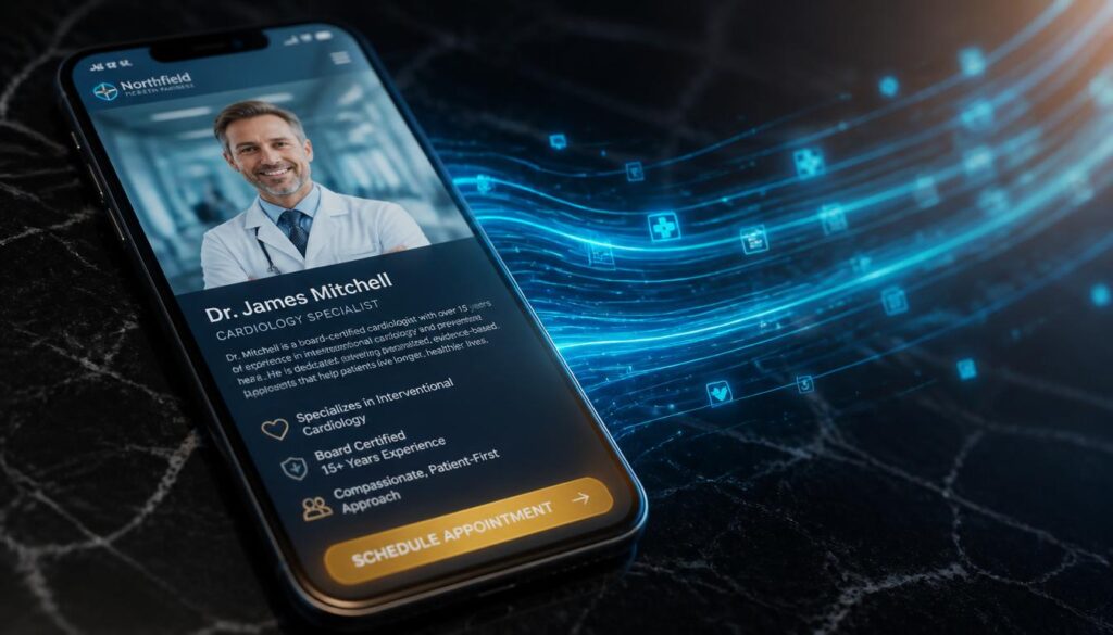 A smartphone displaying a fast, mobile-optimized physician biography page with a gold appointment button, visualizing patient trust and mobile SEO.