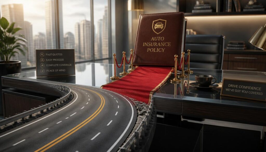 A miniature highway turning into a red carpet leading to an insurance policy, symbolizing a smooth and high-converting landing page experience.