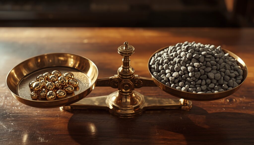 An antique brass scale balancing heavy gold weights against a large pile of pebbles, representing the value of high-intent local insurance keywords.