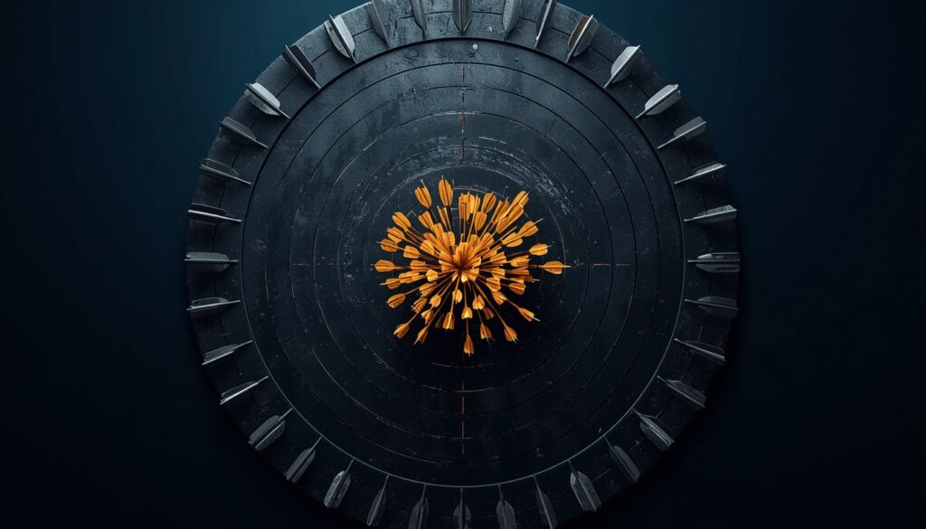 Golden arrows grouped tightly in the bullseye of an archery target, symbolizing precise commercial-intent targeting for insurance SEO.