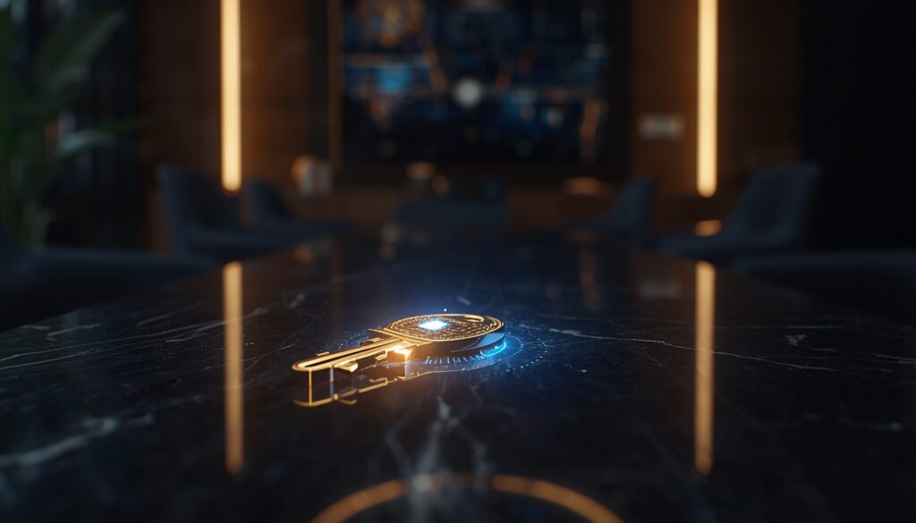 A glowing digital key symbolizing exclusive SEO access to high-net-worth home insurance clients.