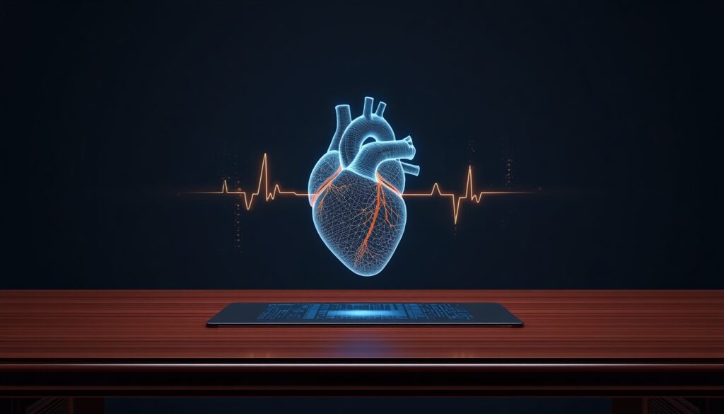 A translucent 3D digital heart pulsing with cyan and gold data streams, representing high-performance website design for cardiology practices.