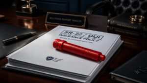 A bright red emergency flare resting on auto insurance documents, symbolizing the urgency and targeted nature of high-risk auto insurance SEO.