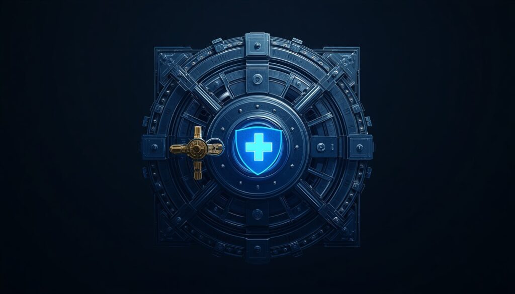 A 3D digital vault door with a glowing gold lock and cyan medical shield, visualizing HIPAA compliance and secure patient data for cardiology websites.