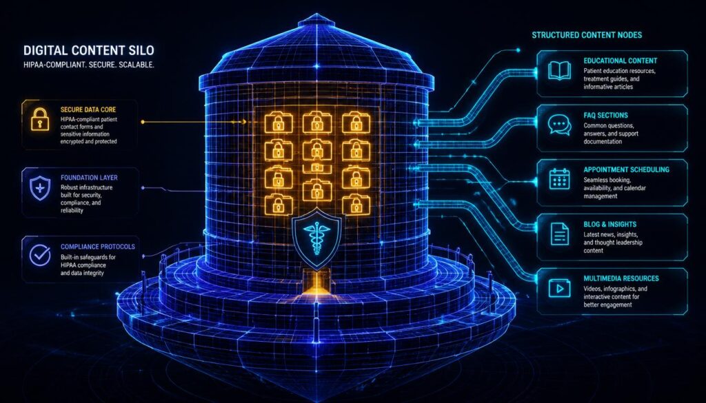 A 3D digital wireframe with glowing cyan content nodes and gold data locks, representing secure, HIPAA-compliant website content architecture for medical practices.
