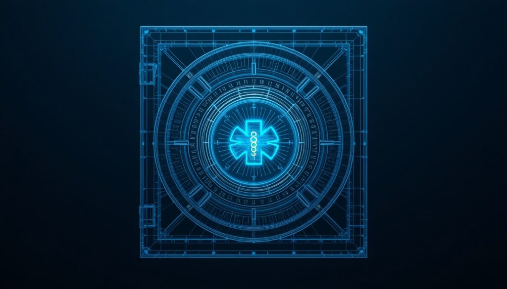 A 3D digital vault door with a glowing gold lock and cyan medical shield, visualizing HIPAA compliance and secure patient data for medical websites.