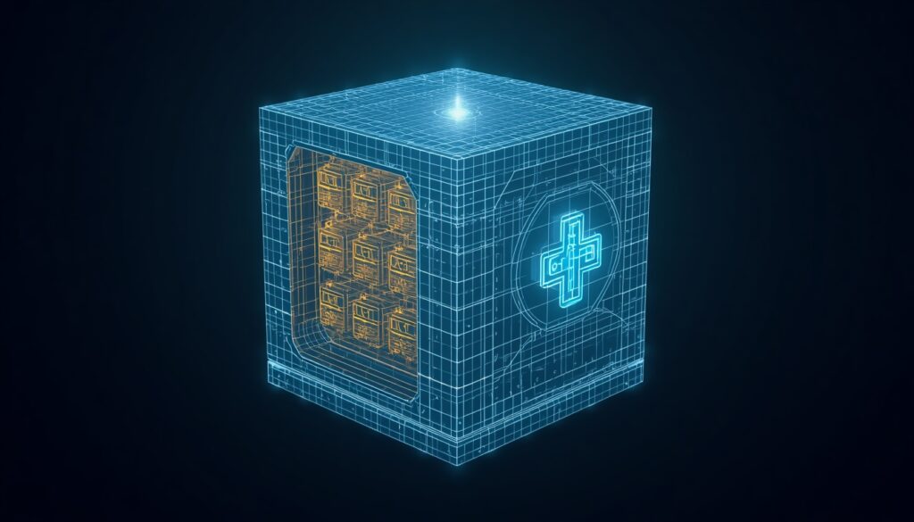 A 3D digital vault built with slate-blue grid lines and gold data locks, symbolizing HIPAA-compliant website forms and medical E-E-A-T authority.