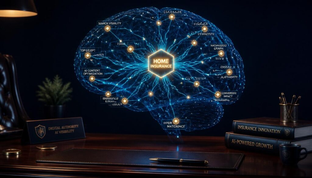 A 3D digital brain with glowing cyan and gold neural pathways, representing AI search visibility for home insurance brands.