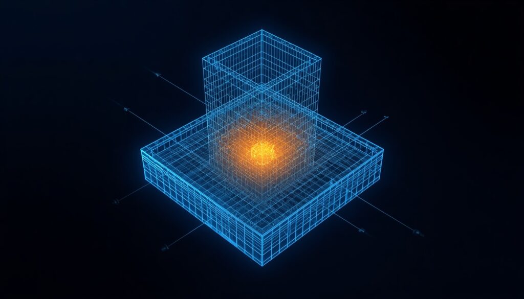 A 3D digital blueprint mapping interactive insurance tools and content nodes in cyan and gold, visualizing content marketing and lead generation.
