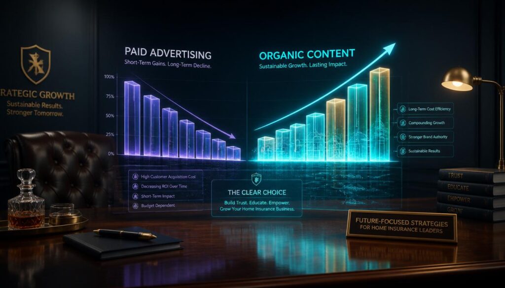 A 3D digital infographic hovering over a desk comparing a shrinking column labeled "Paid Ads" to a growing, glowing cyan column labeled "Content Marketing" for home insurance.