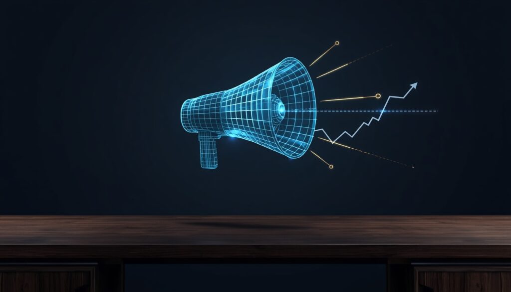 A 3D digital megaphone projecting cyan and gold soundwaves that turn into SEO graphs, representing digital PR strategies for home insurance companies.