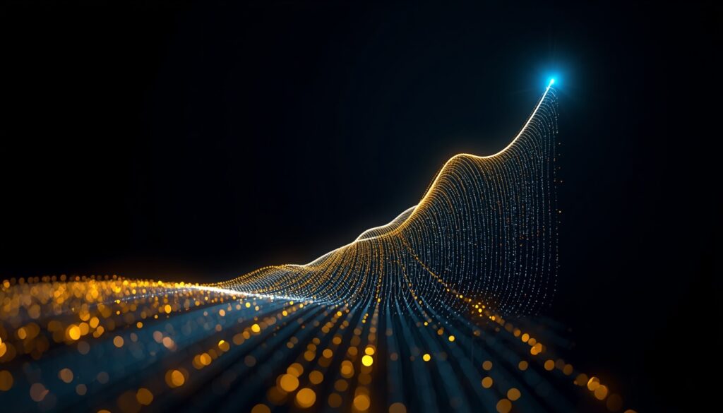 Abstract fiber-optic light trails forming an upward-trending cyan and gold analytics graph, visualizing SEO traffic growth and backlink acquisition from digital PR campaigns.