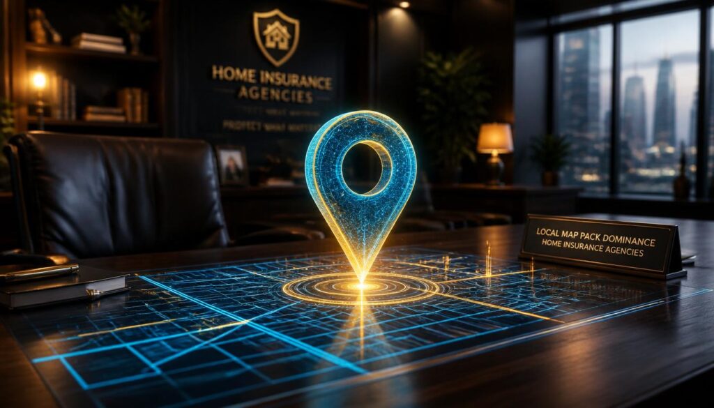 A glowing digital location pin and city map symbolizing Google Local Map Pack visibility for home insurance agencies.