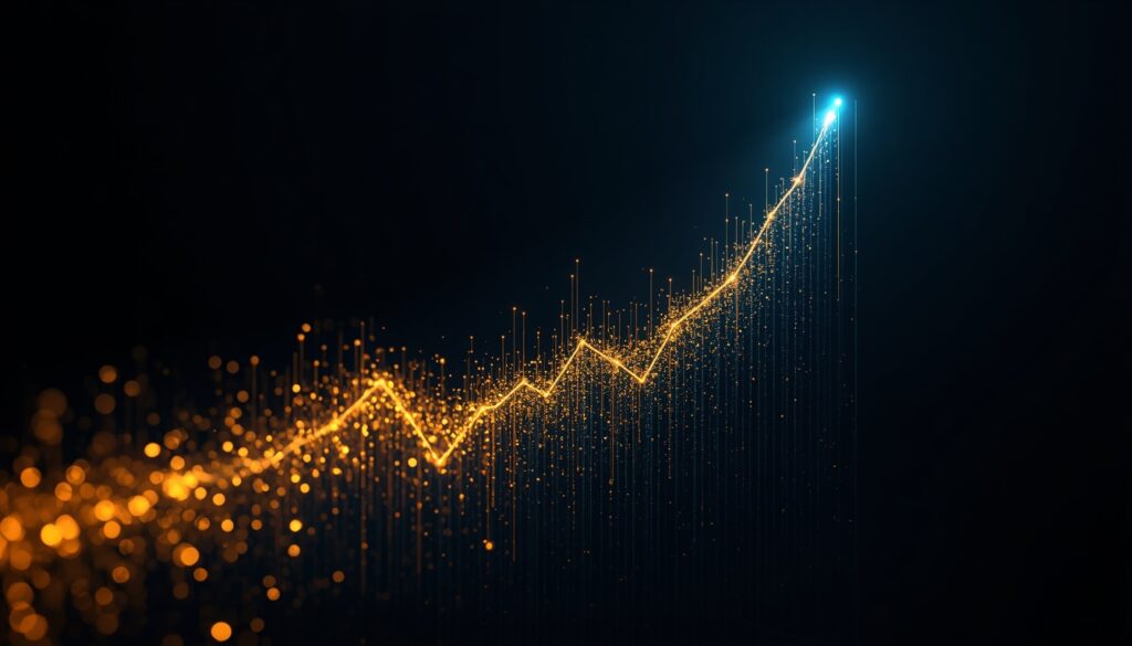 Abstract fiber-optic light trails forming an upward-trending cyan and gold analytics graph, visualizing lead tracking and conversion optimization for home insurance agencies.